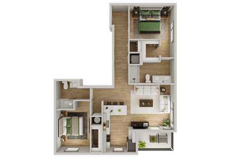 Floor plan for 2 beds, 2 baths, 1101 sqft